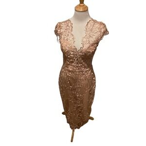Soieblu Rose Gold Floral Lace Midi Dress V-Neck Cap Sleeve Sheer Back Size Large